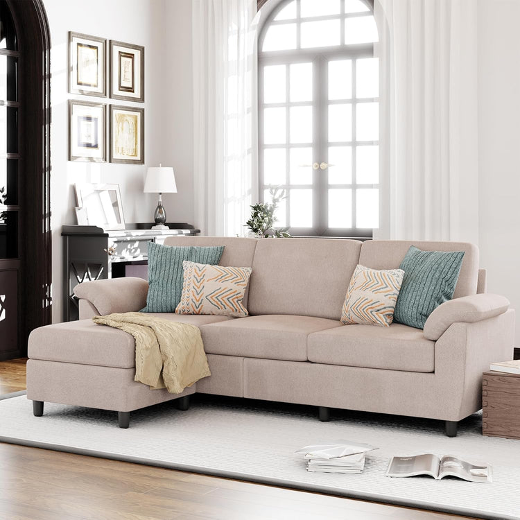 Gray Linen Sectional Sofa with Pillows - Modern Home & Kitchen