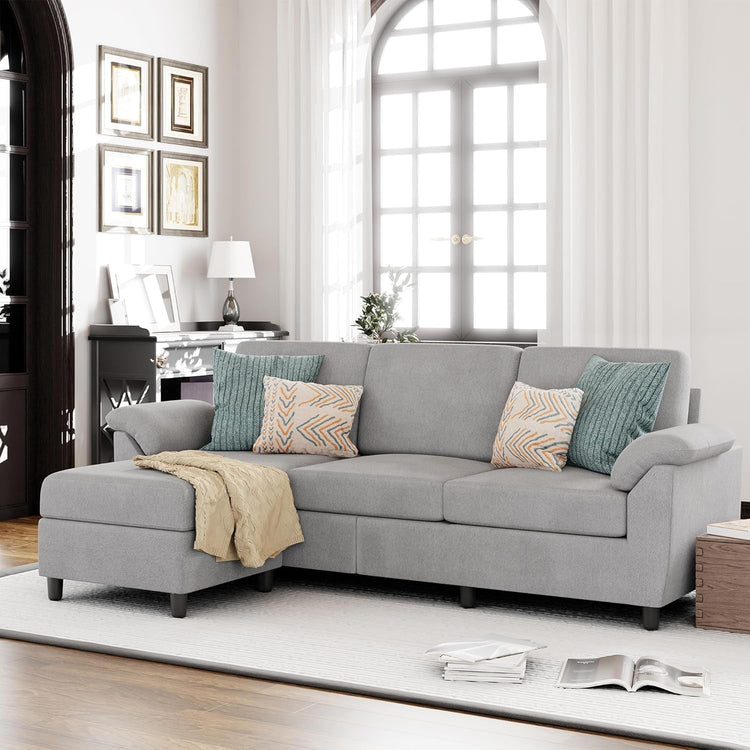 Gray Linen Sectional Sofa with Pillows - Modern Home & Kitchen
