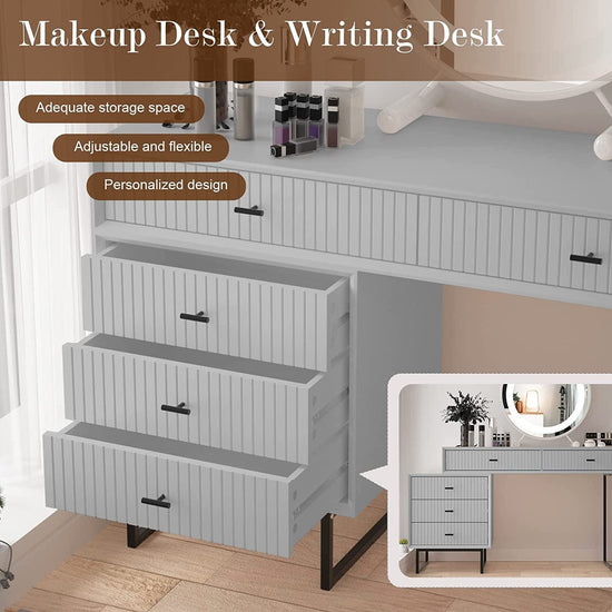 Modern White Vanity Desk – 5-Drawer Adjustable Layout with Side Cabinet - Modern Home & Kitchen