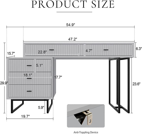 Modern White Vanity Desk – 5-Drawer Adjustable Layout with Side Cabinet - Modern Home & Kitchen