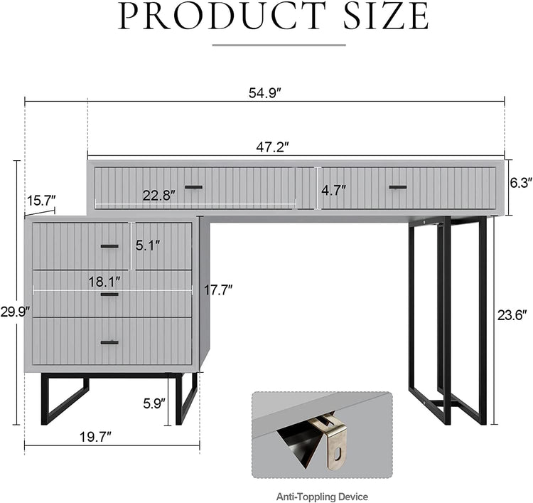 Modern White Vanity Desk – 5-Drawer Adjustable Layout with Side Cabinet - Modern Home & Kitchen
