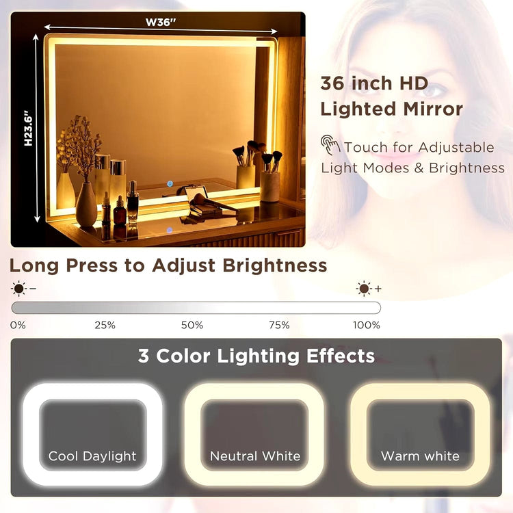 48" Modern Fluted Makeup Vanity Desk with Large 36" Mirror & Lights, - Modern Home & Kitchen