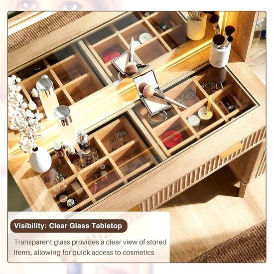 48" Modern Fluted Makeup Vanity Desk with Large 36" Mirror & Lights, - Modern Home & Kitchen