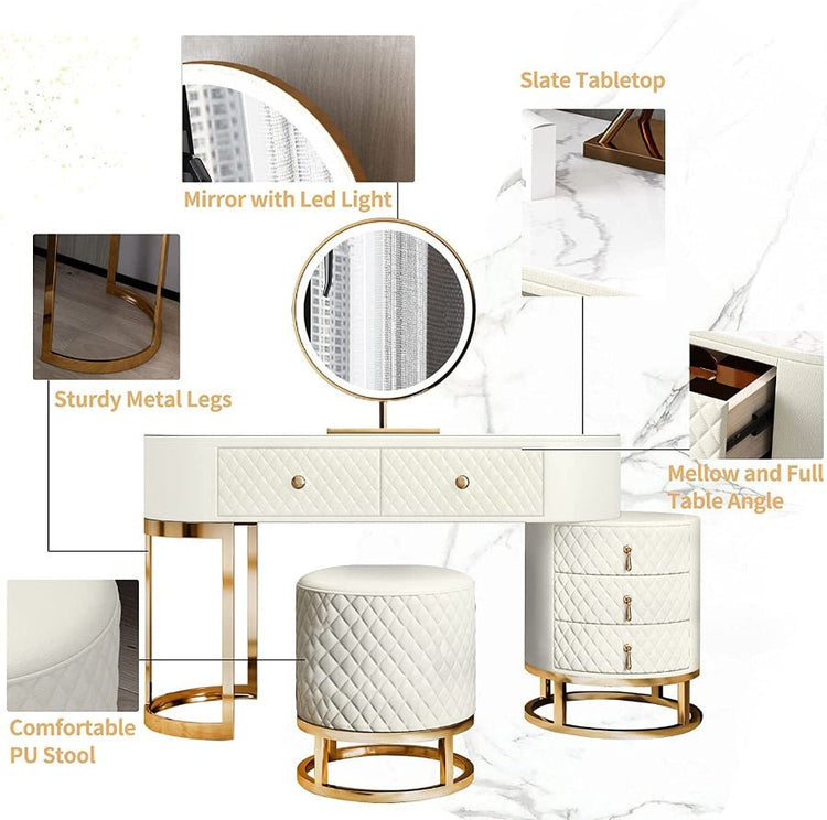 Makeup Vanity with Lights, Drawers, and Stool – Luxury Vanity Set for Women - Modern Home & Kitchen