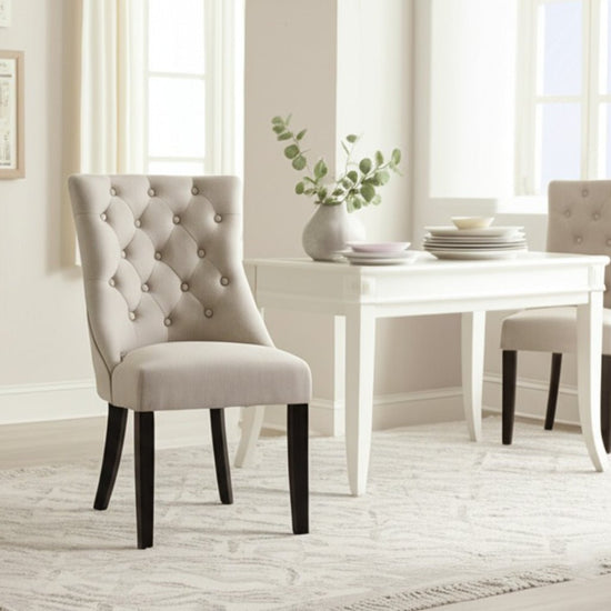 Set of two Alpine Furniture Prairie upholstered side chairs with cream linen fabric and wooden legs, stylish and comfortable for dining rooms.