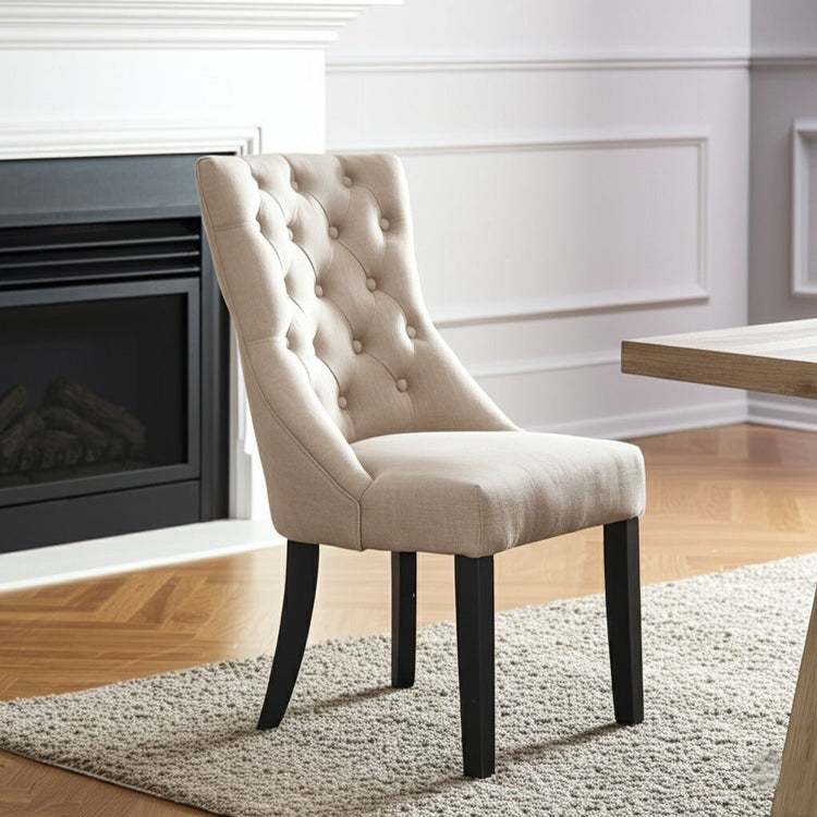 Set of two Alpine Furniture Prairie upholstered side chairs in cream linen with wooden legs, stylish and comfortable for dining rooms.