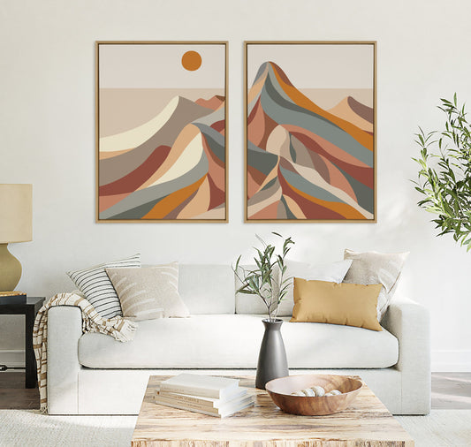 Modern mountain canvas wall art set by kateandlaurel, framed mid-century decor with mountain landscape prints for stylish wall decoration.