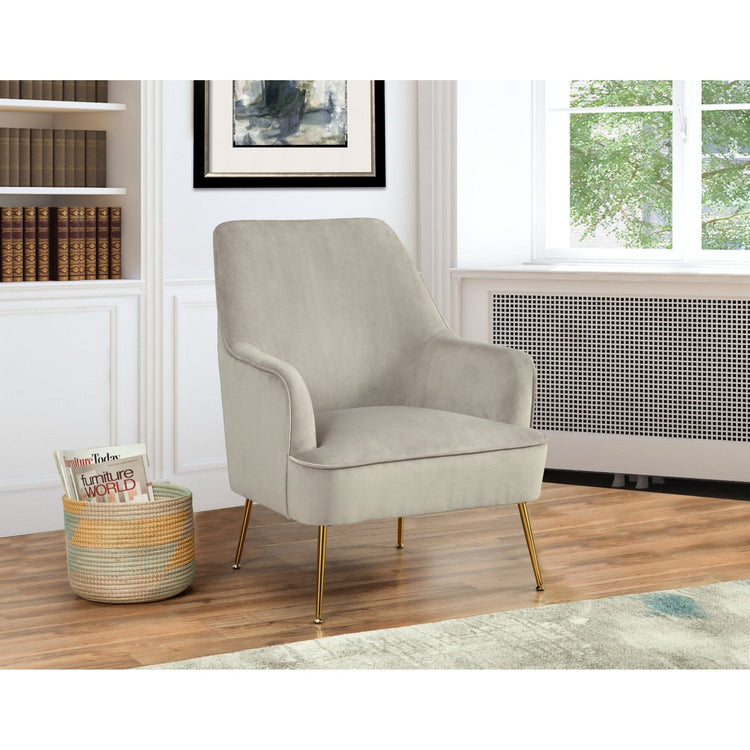 Grey Rebecca Leisure Accent Chair by Alpine Furniture with cushioned seat and stylish design, perfect for modern living spaces.