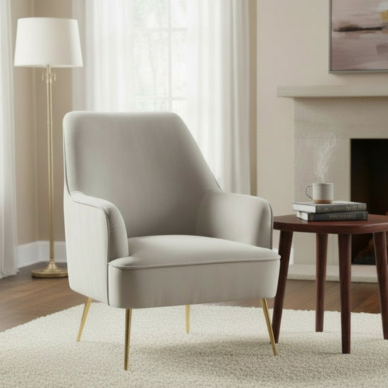 Grey Rebecca Leisure Accent Chair by Alpine Furniture, showcasing its stylish design and comfortable upholstered seat.