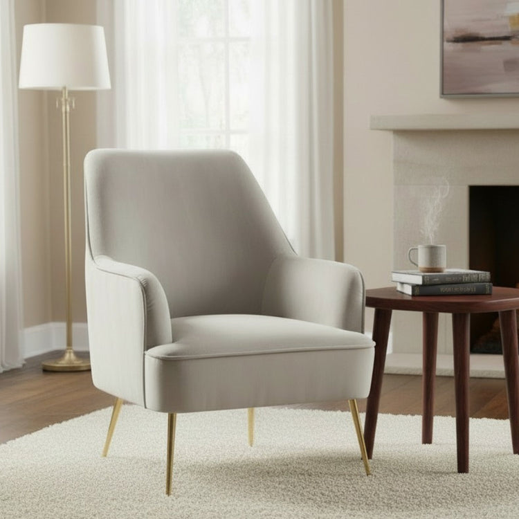 Grey Rebecca Leisure Accent Chair by Alpine Furniture, showcasing its stylish design and comfortable upholstered seat.