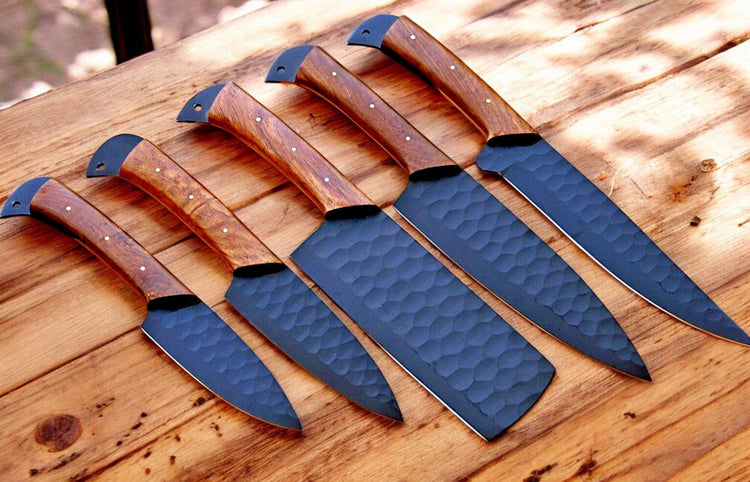 Premium Damascus kitchen knives set with burl wood handles, featuring sharp blades and ergonomic design for precise cooking tasks.