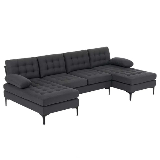 Contemporary U-shape sectional sofa by Canva Home with cotton linen fabric, gold plated feet, and 110-inch width.