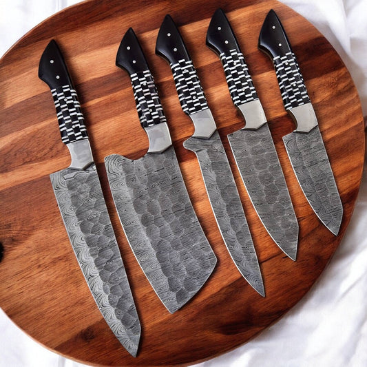 Premium Damascus kitchen knives set with epoxy resin handles, featuring sharp blades and ergonomic designs for precise cutting.