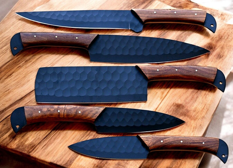 Premium Damascus kitchen knives set with burl wood handles, featuring sharp blades and ergonomic handles for precise cooking tasks.