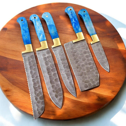Handmade Damascus kitchen knives set with bone handles, featuring high-carbon steel blades and ergonomic wooden grips.