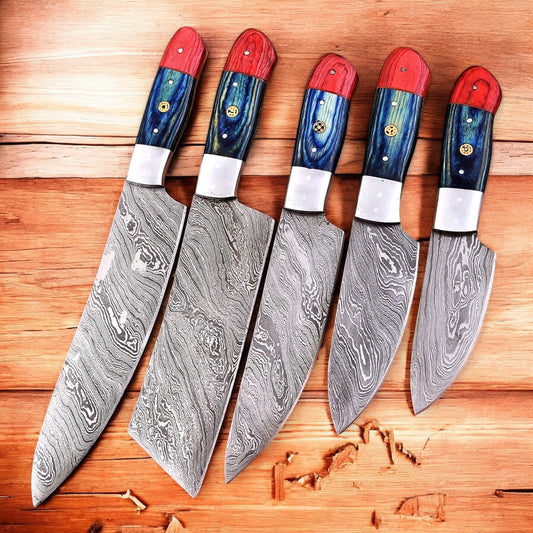 Handmade Damascus steel kitchen knives set with exotic wood handles, featuring sharp blades and ergonomic grips.