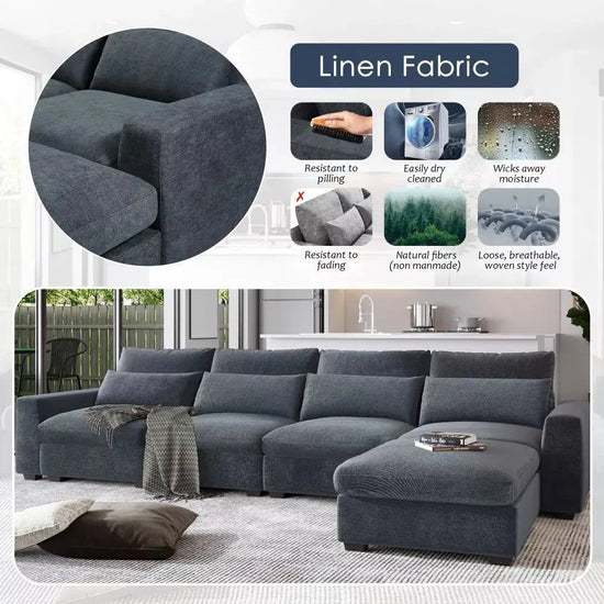 Canva Home oversized modular L-shape sectional sofa in linen fabric with four pillows, 129 inches wide, sturdy 1100 lb capacity.