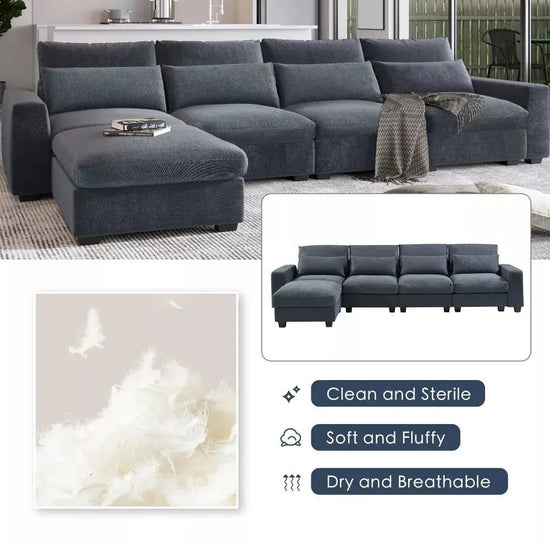 Canva Home oversized L-shape sectional sofa in linen fabric with four pillows, 129 inches wide and 1100 lb capacity, modular design.