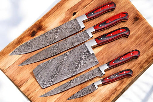 Premium Damascus kitchen knives set by Damascus Knife Store, featuring handmade, durable blades with ergonomic handles.