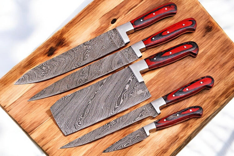 Premium Damascus Kitchen Knives Set from Damascus Knife Store, featuring handcrafted, durable chef and utility knives on a wooden block.