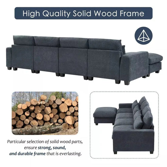 Canva Home oversized L-shape sectional sofa in linen fabric with four pillows, 129-inch wide and sturdy 1100 lb capacity.
