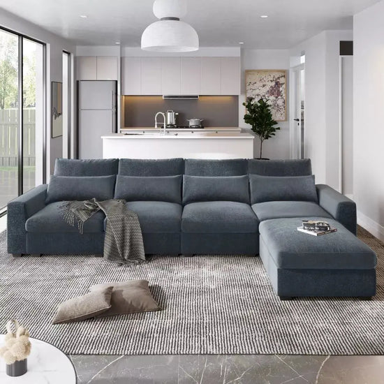 Canva Home oversized modular L-shape sectional sofa with linen fabric, four pillows, 129-inch wide, supports 1100 lbs, modern living room furniture.