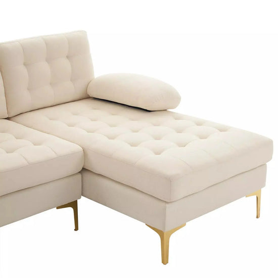 Contemporary U-shape sectional sofa by Canva Home with cotton linen fabric, gold plated feet, 110-inch wide, supports 1000 lbs.