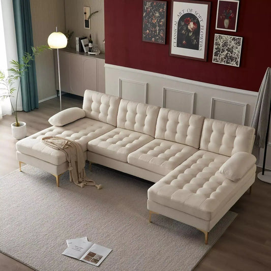 Contemporary U-shape sectional sofa with cotton linen upholstery, gold plated feet, 110-inch wide, Canva Home brand.