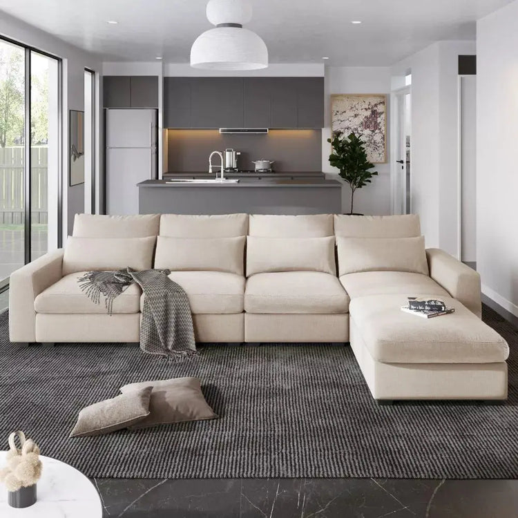 Canva Home oversized linen fabric L-shape sectional sofa with four pillows, 129-inch wide and 1100 lb capacity.