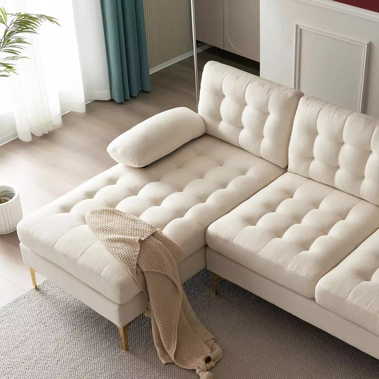 Contemporary U-shape sectional sofa by Canva Home with cotton linen fabric, gold plated feet, and wide 110-inch design.
