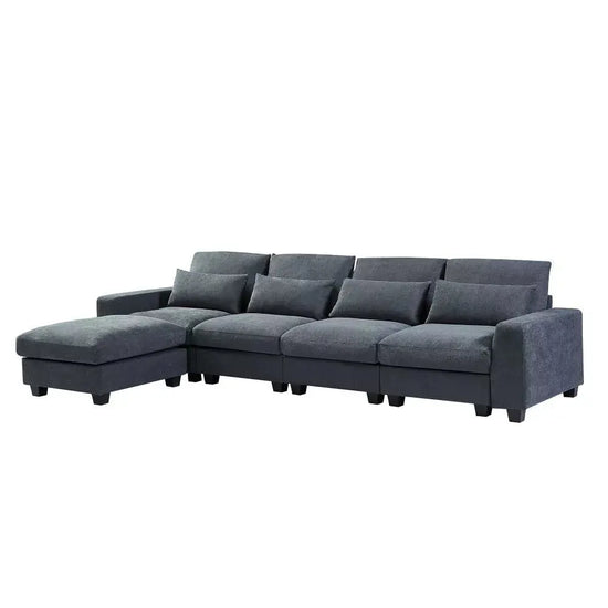 Canva Home oversized L-shape sectional sofa in linen fabric with four pillows, 129-inch wide, sturdy 1100 lb capacity, modern design.