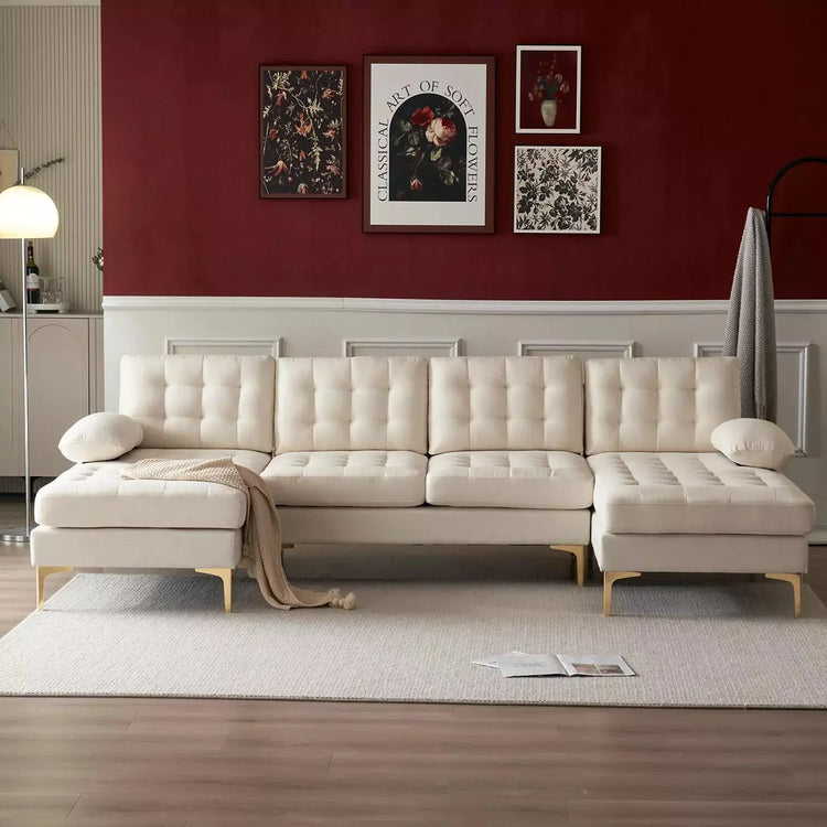 Contemporary U-shape sectional sofa by Canva Home with cotton linen fabric, gold plated feet, 110-inch width, and 1000 lb capacity.