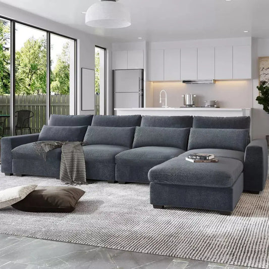 Canva Home oversized modular L-shape sectional sofa in linen fabric with four pillows, 129 inches wide and 1100 lb capacity.