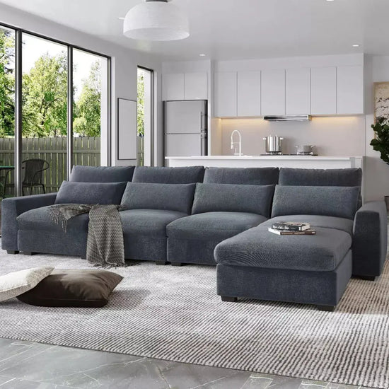 Canva Home oversized modular L-shape sectional sofa in linen fabric with four pillows, 129 inches wide and 1100 lb capacity.