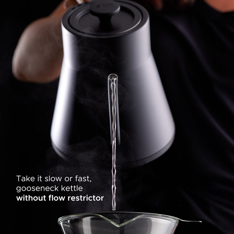 Saki Baristan gooseneck electric kettle with sleek design and long spout for precise pouring, ideal for coffee and tea brewing.