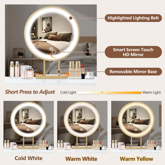 White & Gold Vanity Desk with LED Mirror – 2 Drawers, Cabinet & Touch Control Lighting - Modern Home & Kitchen