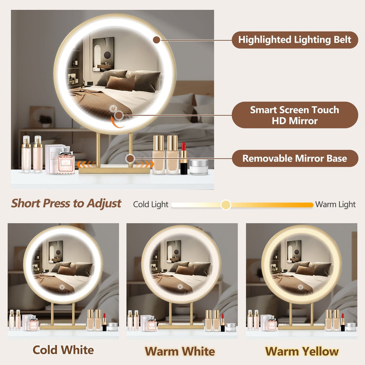 White & Gold Vanity Desk with LED Mirror – 2 Drawers, Cabinet & Touch Control Lighting - Modern Home & Kitchen