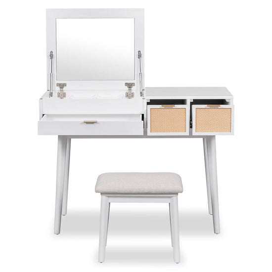 White Vanity Table Set – Hidden Mirror, Storage Drawers, and Stool - Modern Home & Kitchen