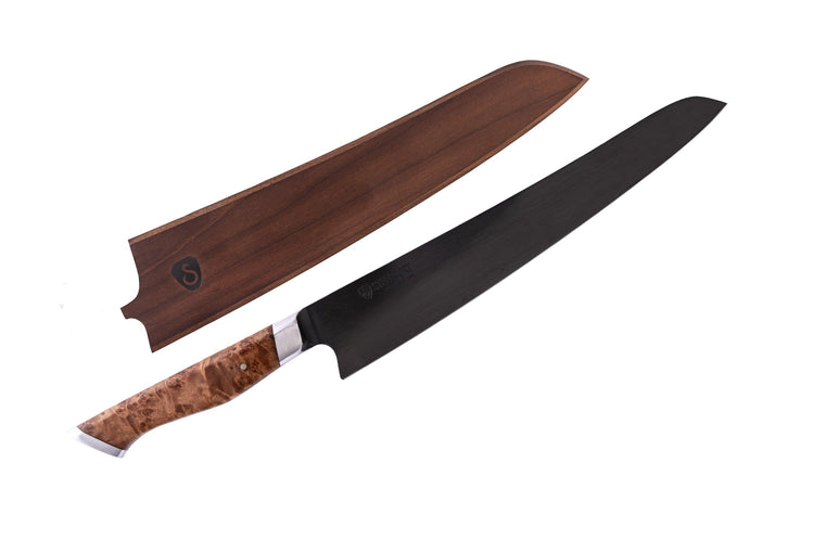 Steelport 10-inch slicing kitchen knife with sheath, featuring a sharp blade and ergonomic handle for precise meat and roast slicing.