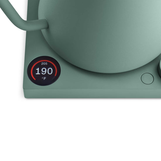 Fellow Stagg EKG Pro electric kettle in smoke green with maple handle, featuring a sleek design and digital temperature control.