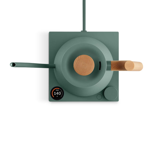 Fellow Stagg EKG Pro electric kettle in Smoke Green with maple wood handle, showcasing the sleek design and digital controls.