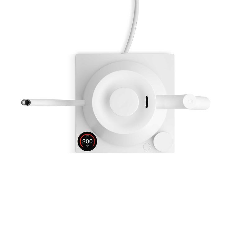 Fellow Stagg EKG Pro electric kettle in matte white with digital display and sleek design, perfect for precise brewing.