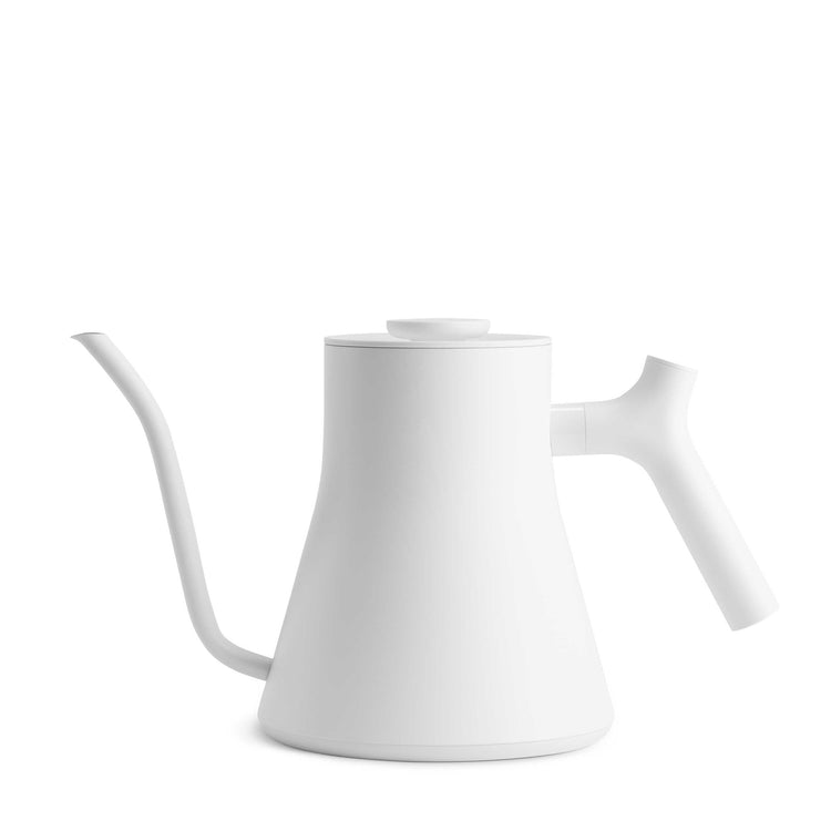 Fellow Stagg EKG Pro electric kettle in matte white with digital display and sleek design, perfect for precise tea and coffee brewing.