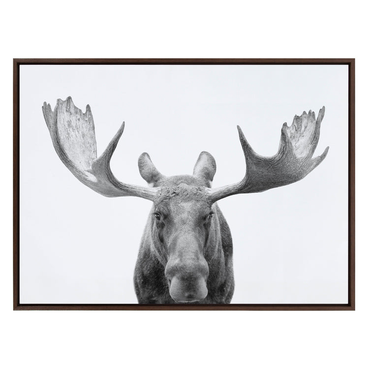 Black and white moose framed canvas wall art by Amy Peterson Art Studio, featuring natural woodland scene.