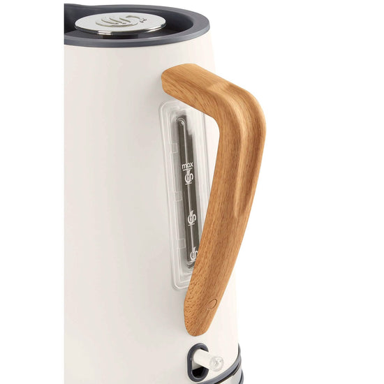 Swan Nordic 1.7L cordless stainless steel kettle with wood effect handle and 1500W rapid boil for kitchen appliances.