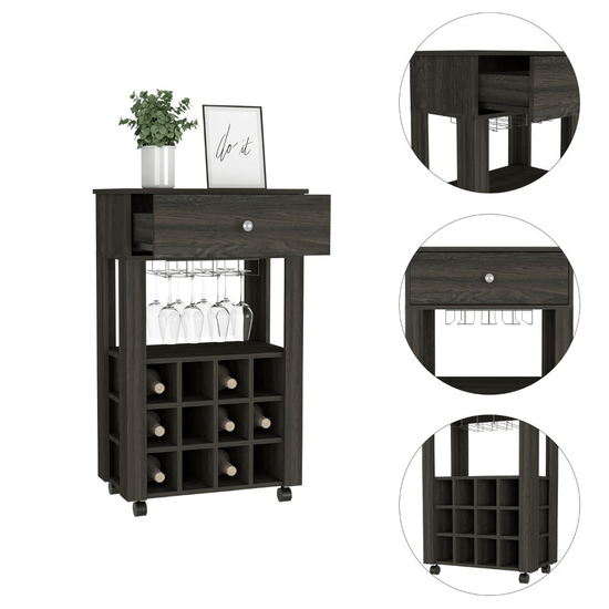 Bayamon Bar Cart – Contemporary Wine & Glass Storage with Drawer and Casters - Modern Home & Kitchen