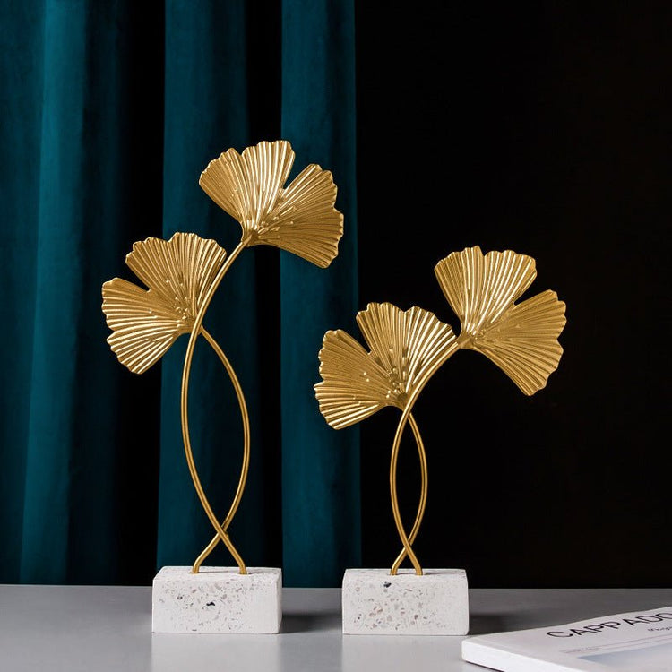 Golden Leaf Metal Sculpture on Wood Base – Ginkgo & Monstera - Modern Home & Kitchen