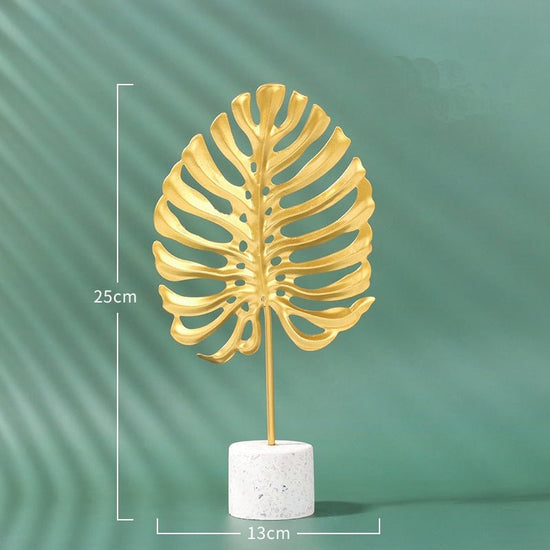 Golden Leaf Metal Sculpture on Wood Base – Ginkgo & Monstera - Modern Home & Kitchen