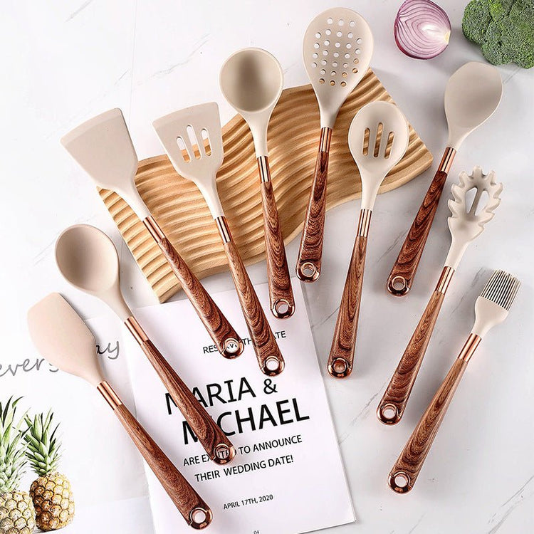 10 Pieces Kitchen Tools Set Wooden Handle Cooking Kitchen Utensil Set Silicone Utensils - Modern Home & Kitchen