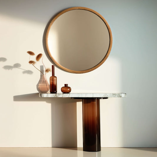 Modern wall mirror by VARBROS in a stylish entryway, featuring a sleek frame and contemporary decor elements.